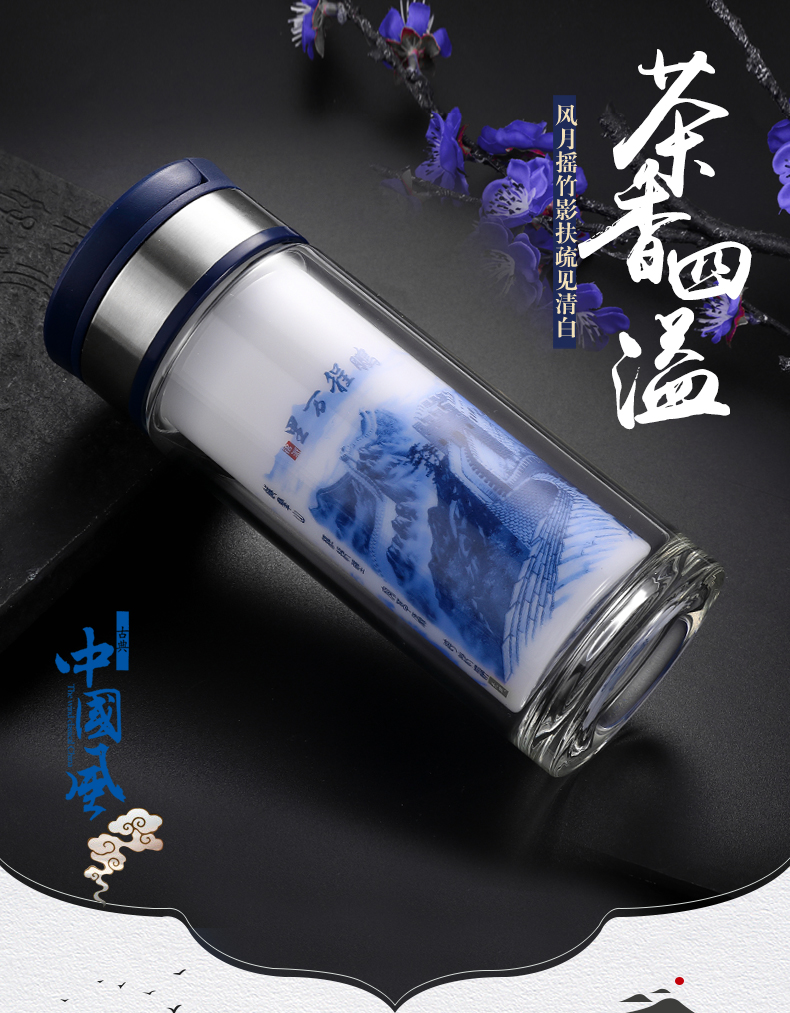 中国风双层白玉厚底瓷玻璃杯