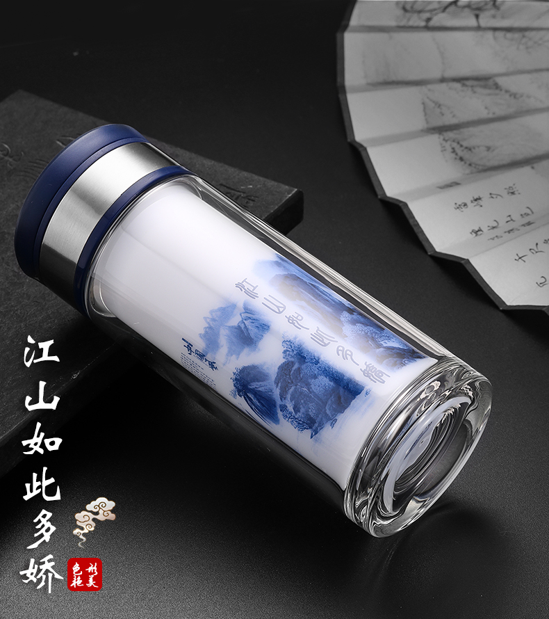 中国风双层白玉厚底瓷玻璃杯