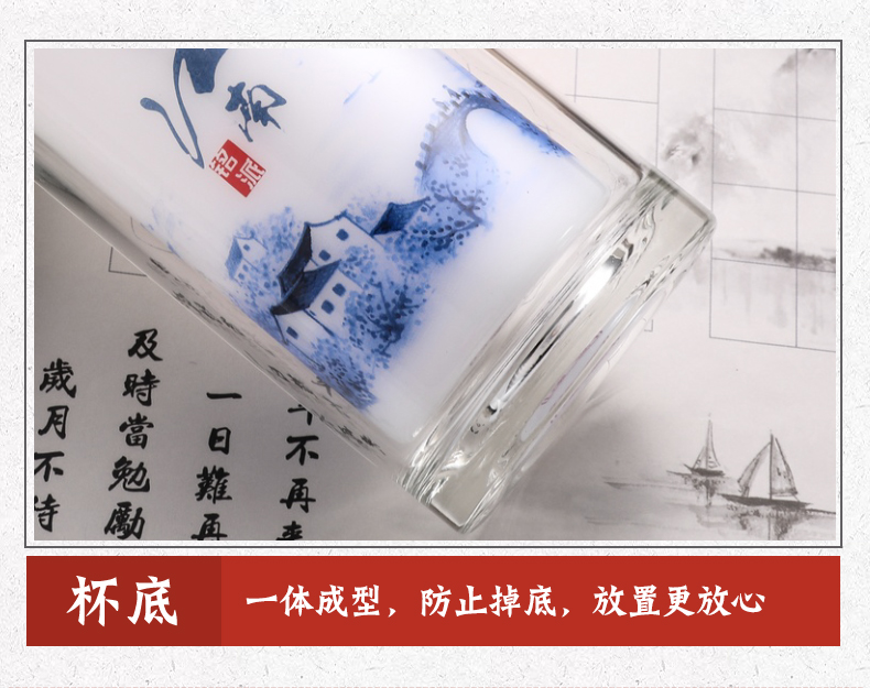 新款中国风双层白玉瓷厚底玻璃杯