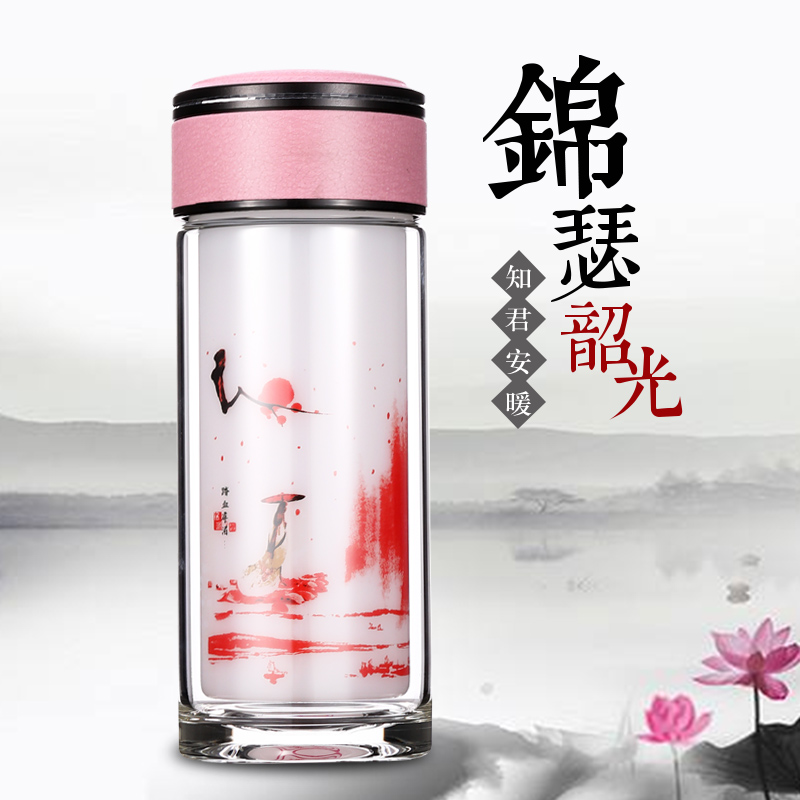 新款中国风双层白玉瓷厚底玻璃杯