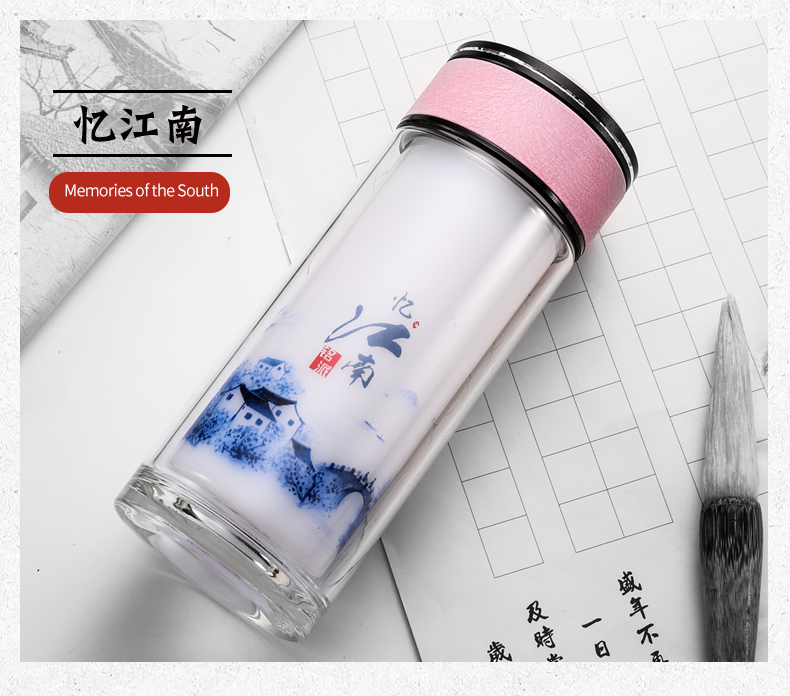 新款中国风双层白玉瓷厚底玻璃杯