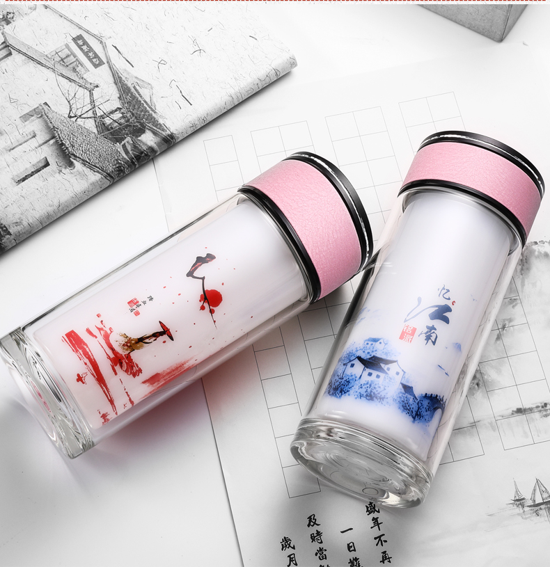 新款中国风双层白玉瓷厚底玻璃杯