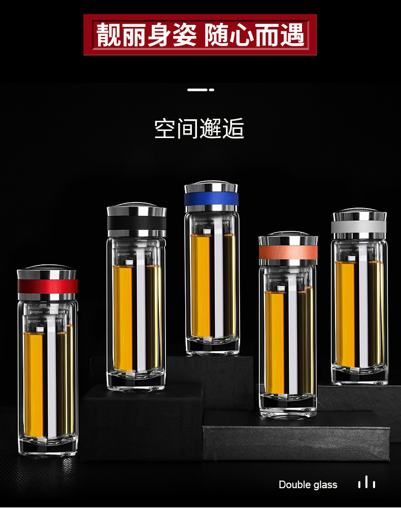高档玻璃杯双层隔热茶杯男高档商务水晶杯全钢盖新款专利水杯定制