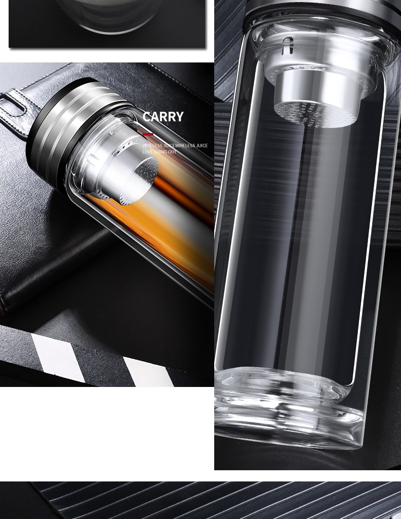 双层玻璃茶杯带把茶水分离过滤泡茶水杯带盖手柄