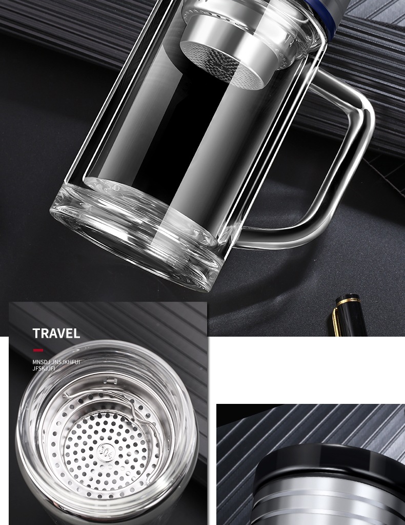 双层玻璃茶杯带把茶水分离过滤泡茶水杯带盖手柄