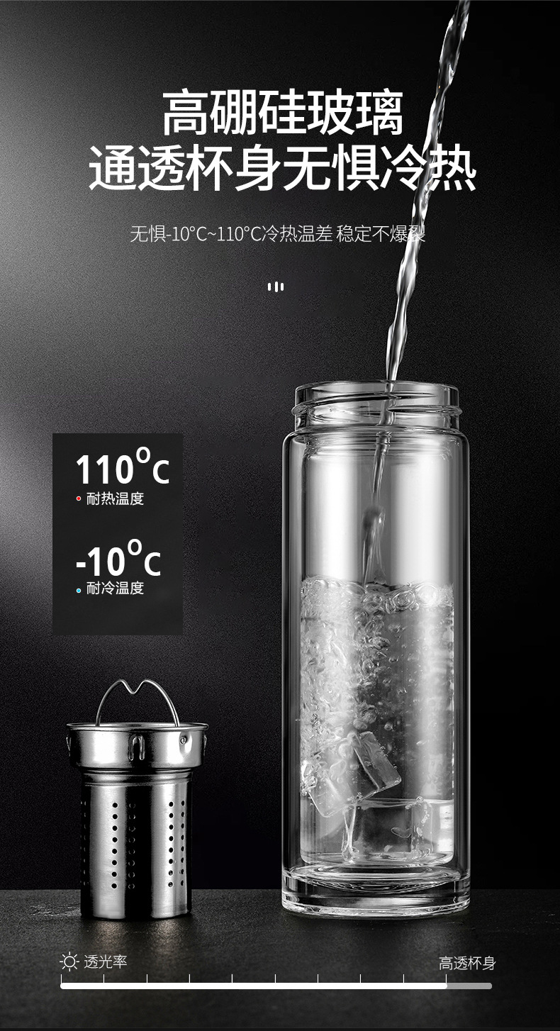 手工打磨茶仓分离双层带不锈钢茶隔高硼硅杯