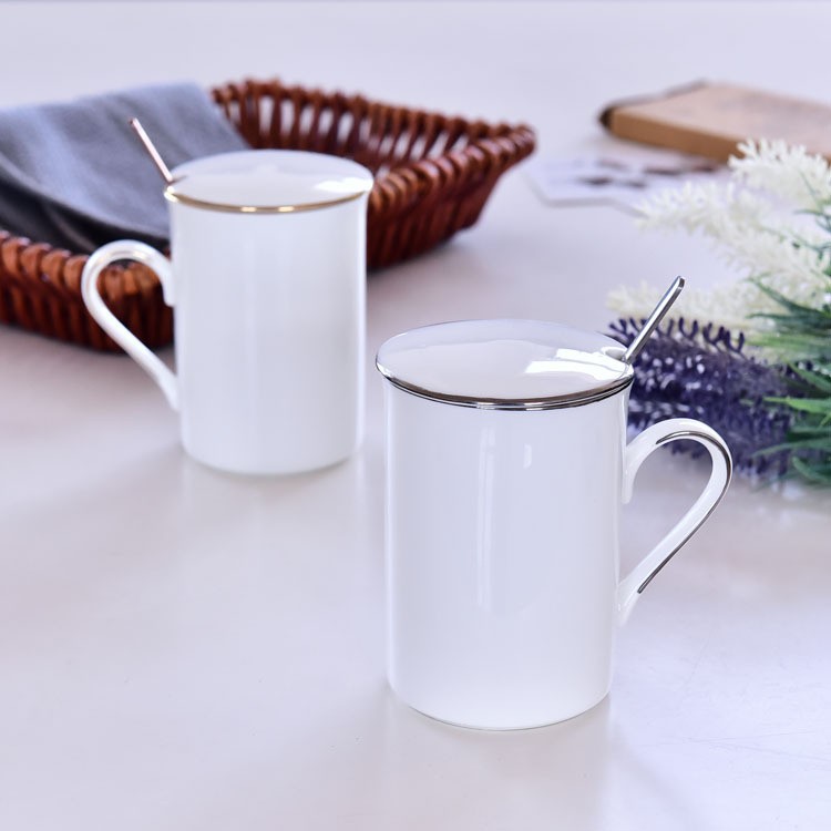 骨瓷盖杯创意手工描金马克杯办公室家用简约水杯可印图案