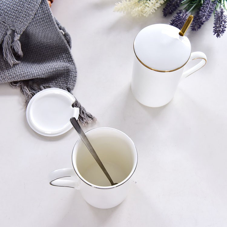 骨瓷盖杯创意手工描金马克杯办公室家用简约水杯可印图案