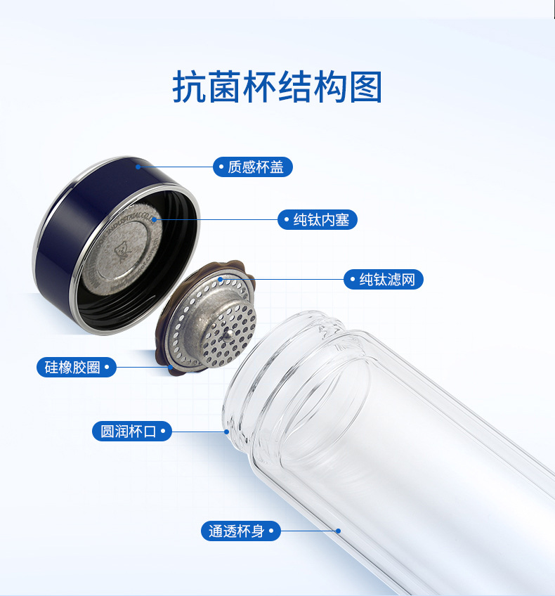 希诺双层玻璃杯 纳米银离子抗菌纯钛滤网杯 大容量便携水杯XN1902